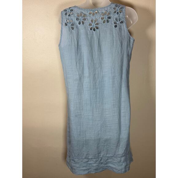 100% Linen Light Blue Embroidered Floral Knee Length Preppy Cottage S Sleeveless - Picture 4 of 8